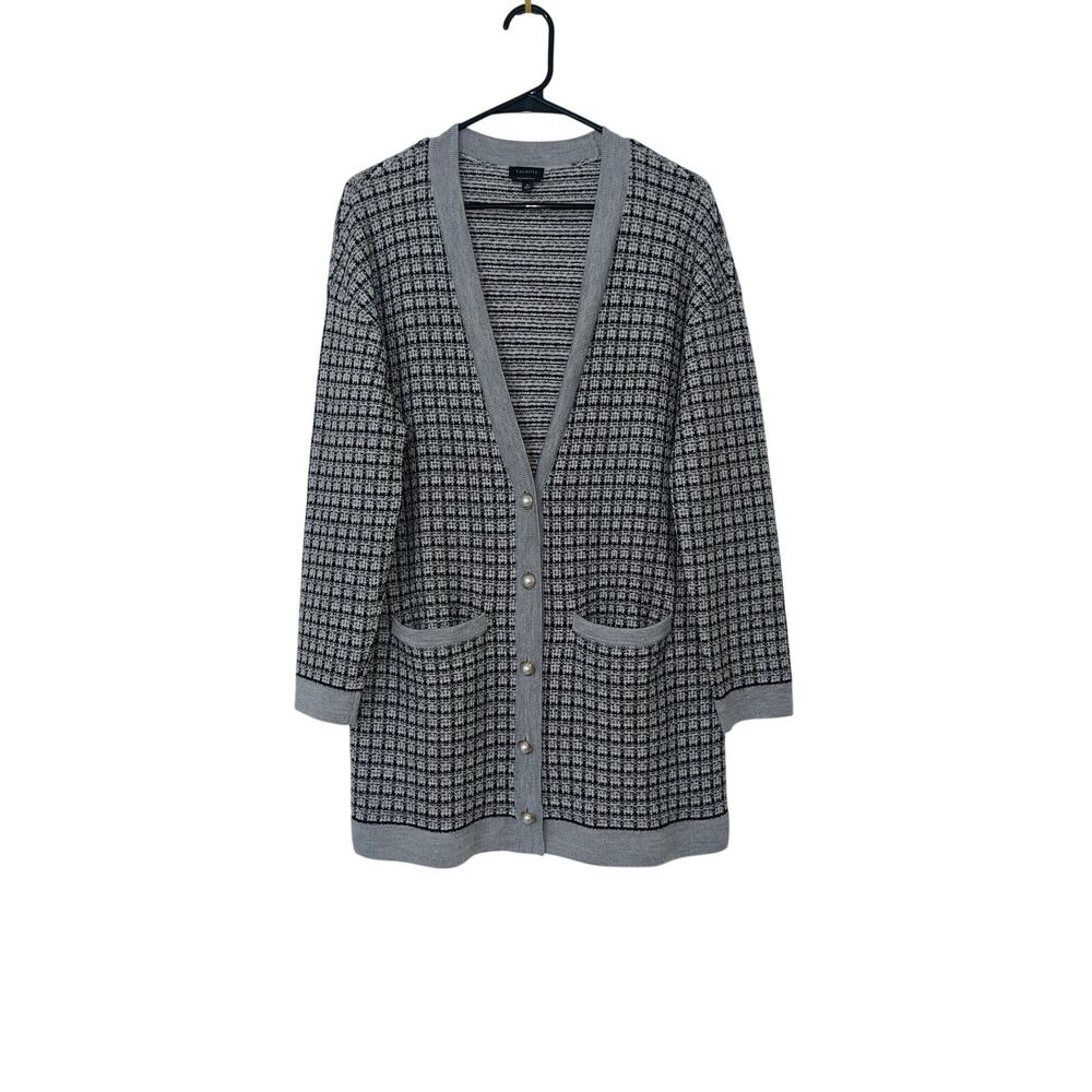 Talbots 100% Pure Merino Wool Textured Plaid Long V-Neck Cardigan Sweater Size M